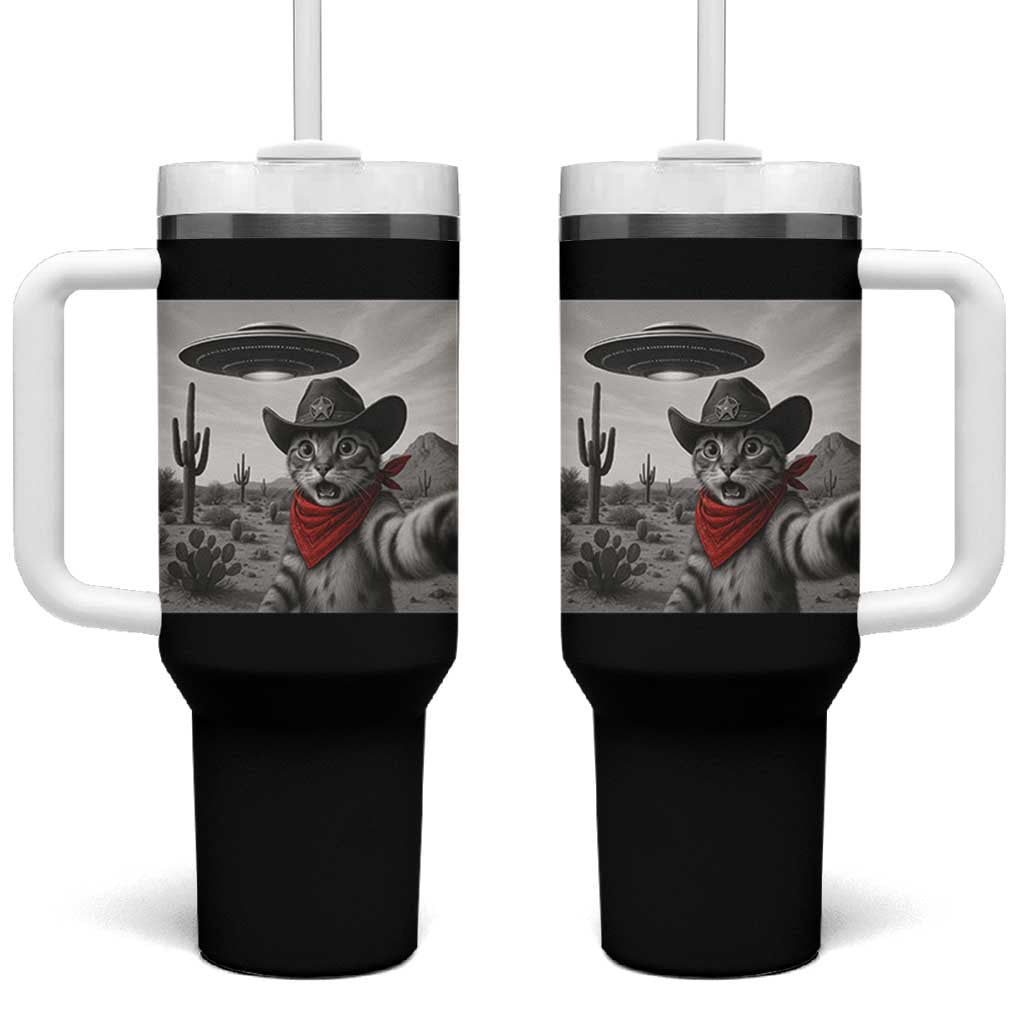 Vintage UFO Cowboy Cat Tumbler With Handle Retro 90s Western Rodeo Kitten Cat Selfie With Alien UFO - Wonder Print Shop