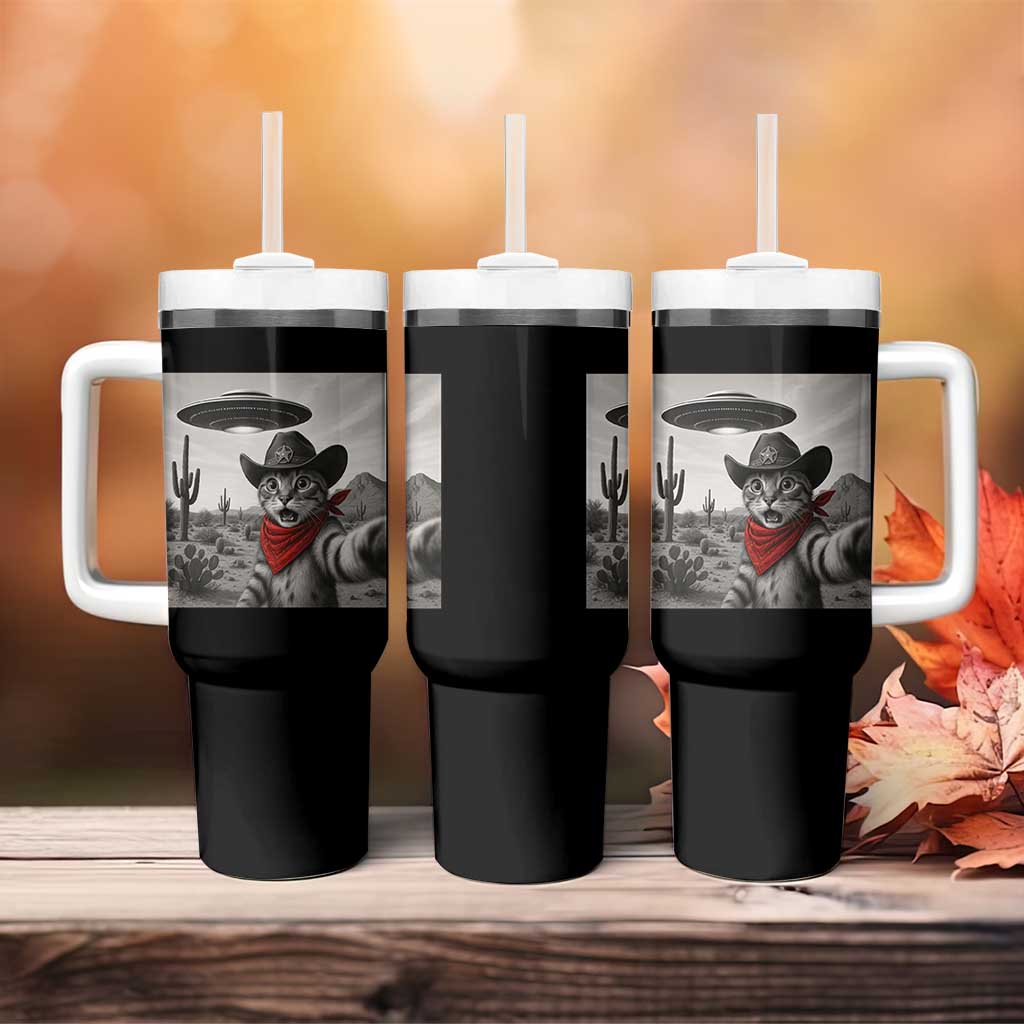 Vintage UFO Cowboy Cat Tumbler With Handle Retro 90s Western Rodeo Kitten Cat Selfie With Alien UFO - Wonder Print Shop