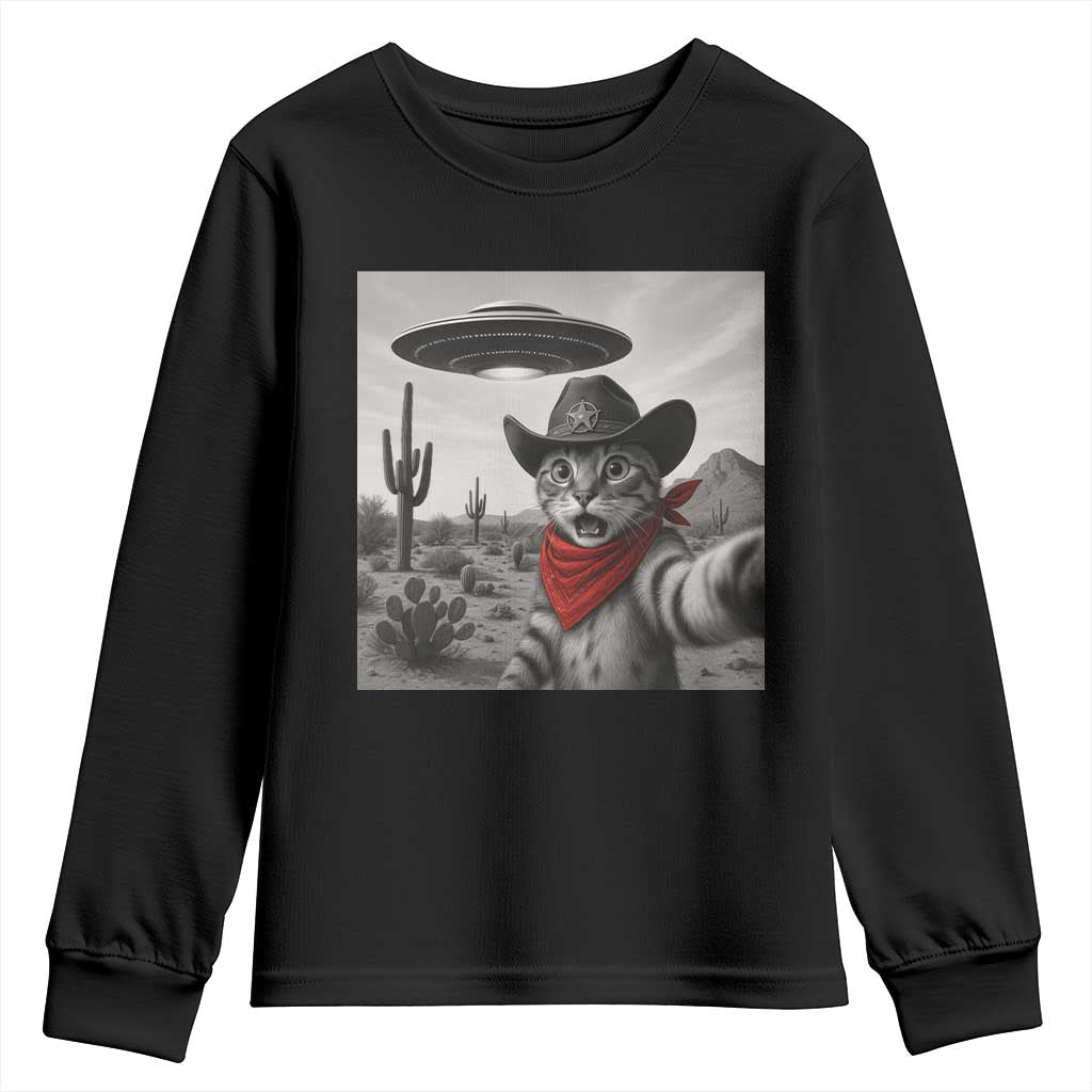Vintage UFO Cowboy Cat Youth Sweatshirt Retro 90s Western Rodeo Kitten Cat Selfie With Alien UFO - Wonder Print Shop