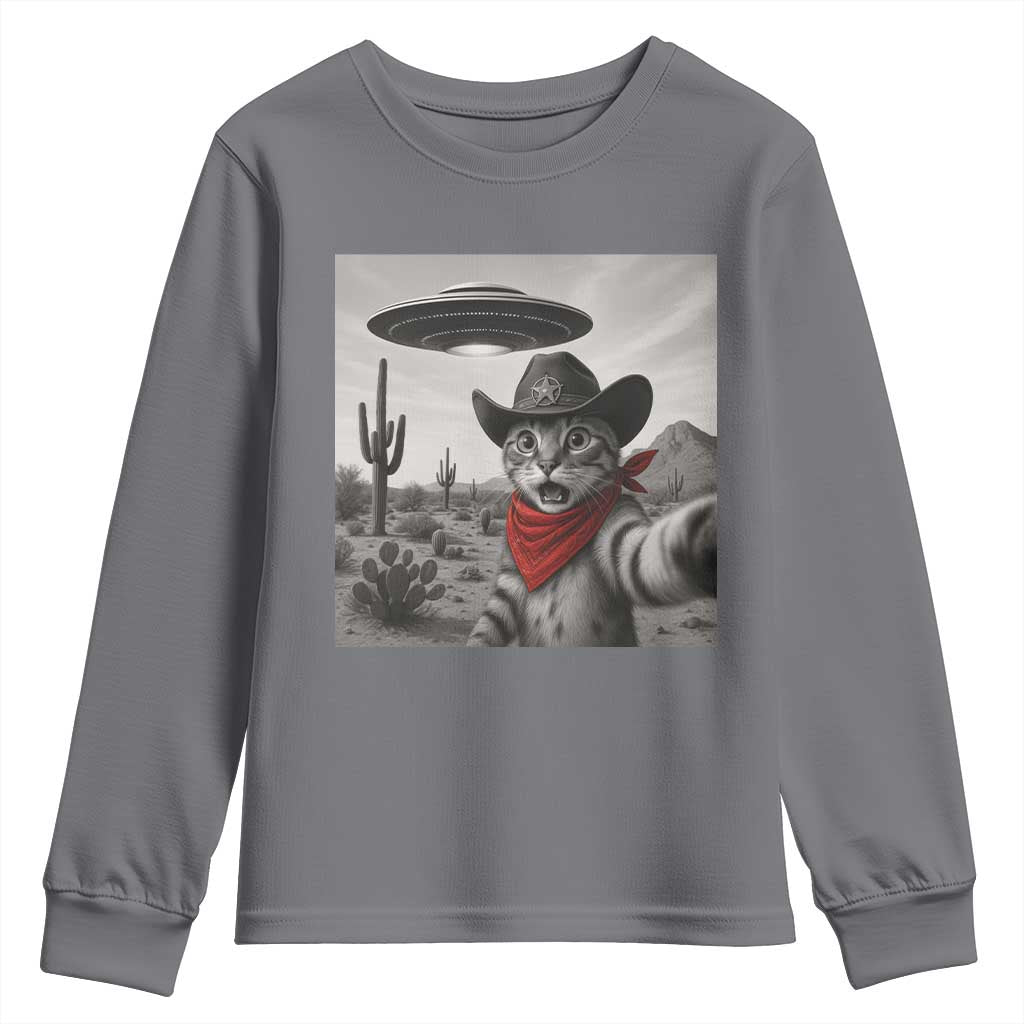 Vintage UFO Cowboy Cat Youth Sweatshirt Retro 90s Western Rodeo Kitten Cat Selfie With Alien UFO - Wonder Print Shop