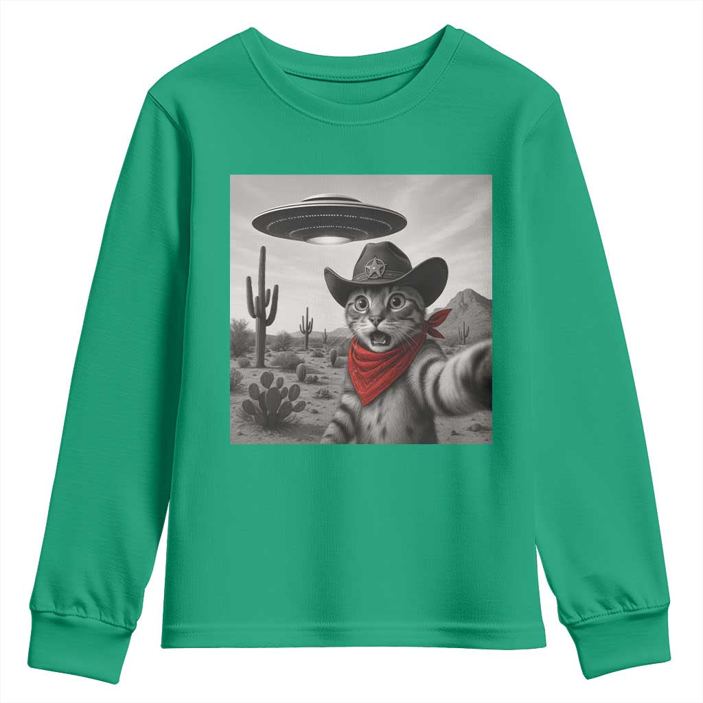 Vintage UFO Cowboy Cat Youth Sweatshirt Retro 90s Western Rodeo Kitten Cat Selfie With Alien UFO - Wonder Print Shop