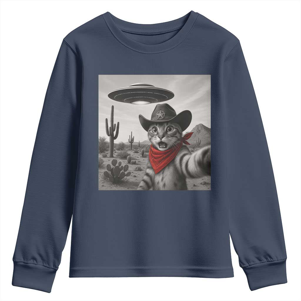 Vintage UFO Cowboy Cat Youth Sweatshirt Retro 90s Western Rodeo Kitten Cat Selfie With Alien UFO - Wonder Print Shop