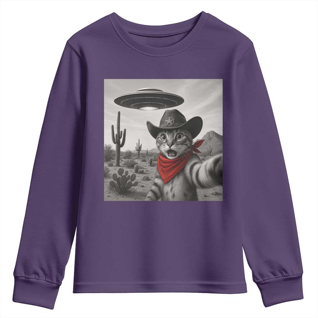 Vintage UFO Cowboy Cat Youth Sweatshirt Retro 90s Western Rodeo Kitten Cat Selfie With Alien UFO - Wonder Print Shop