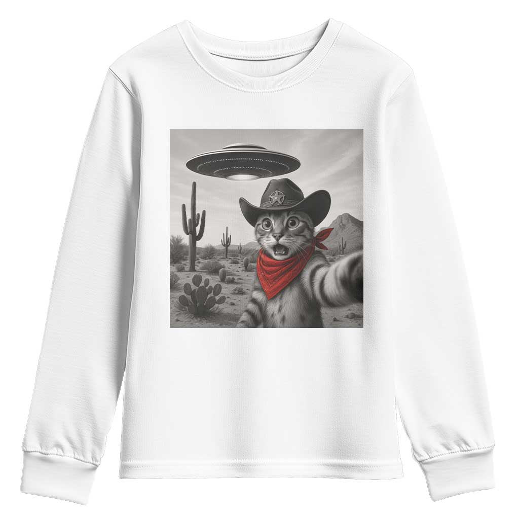 Vintage UFO Cowboy Cat Youth Sweatshirt Retro 90s Western Rodeo Kitten Cat Selfie With Alien UFO - Wonder Print Shop