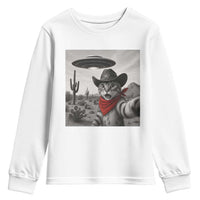 Vintage UFO Cowboy Cat Youth Sweatshirt Retro 90s Western Rodeo Kitten Cat Selfie With Alien UFO - Wonder Print Shop