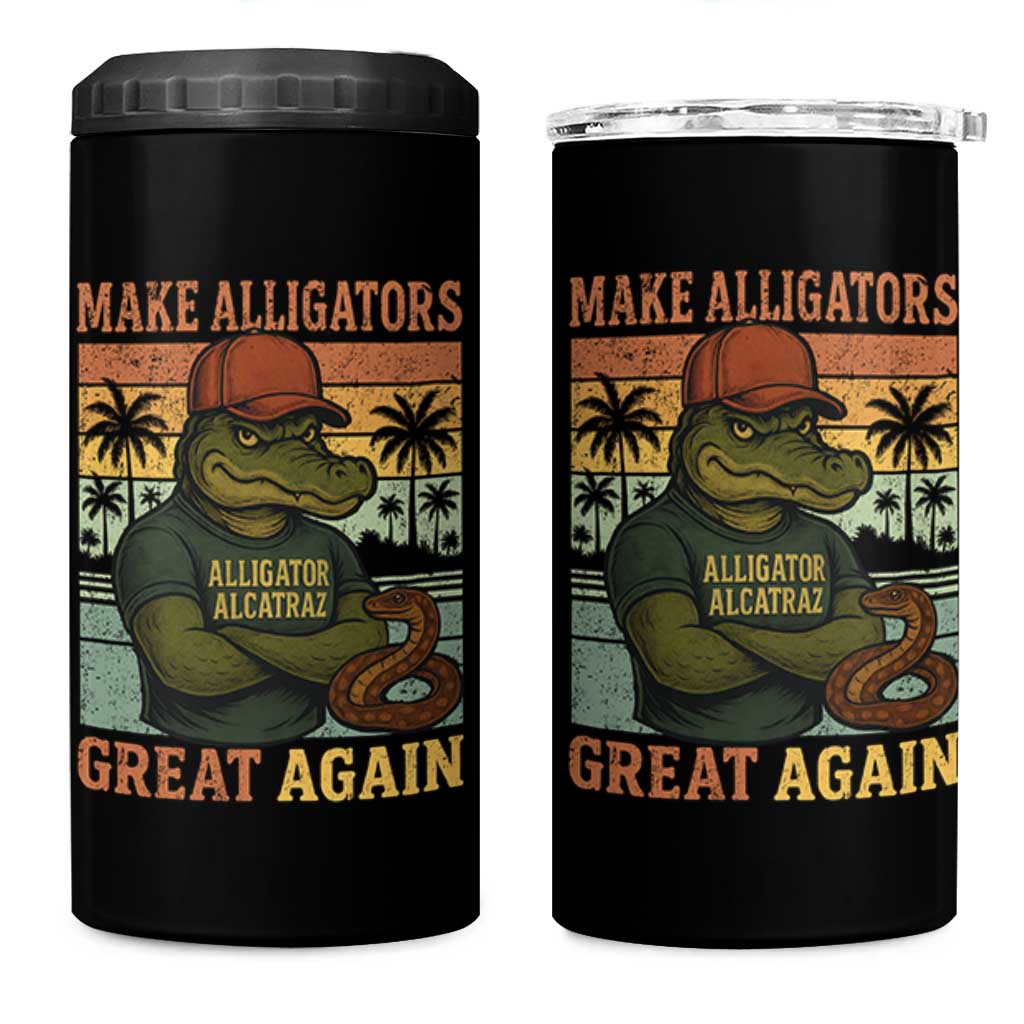 Retro Alligator Alcatraz 4 in 1 Can Cooler Tumbler Funny Florida Everglades Dark Humor