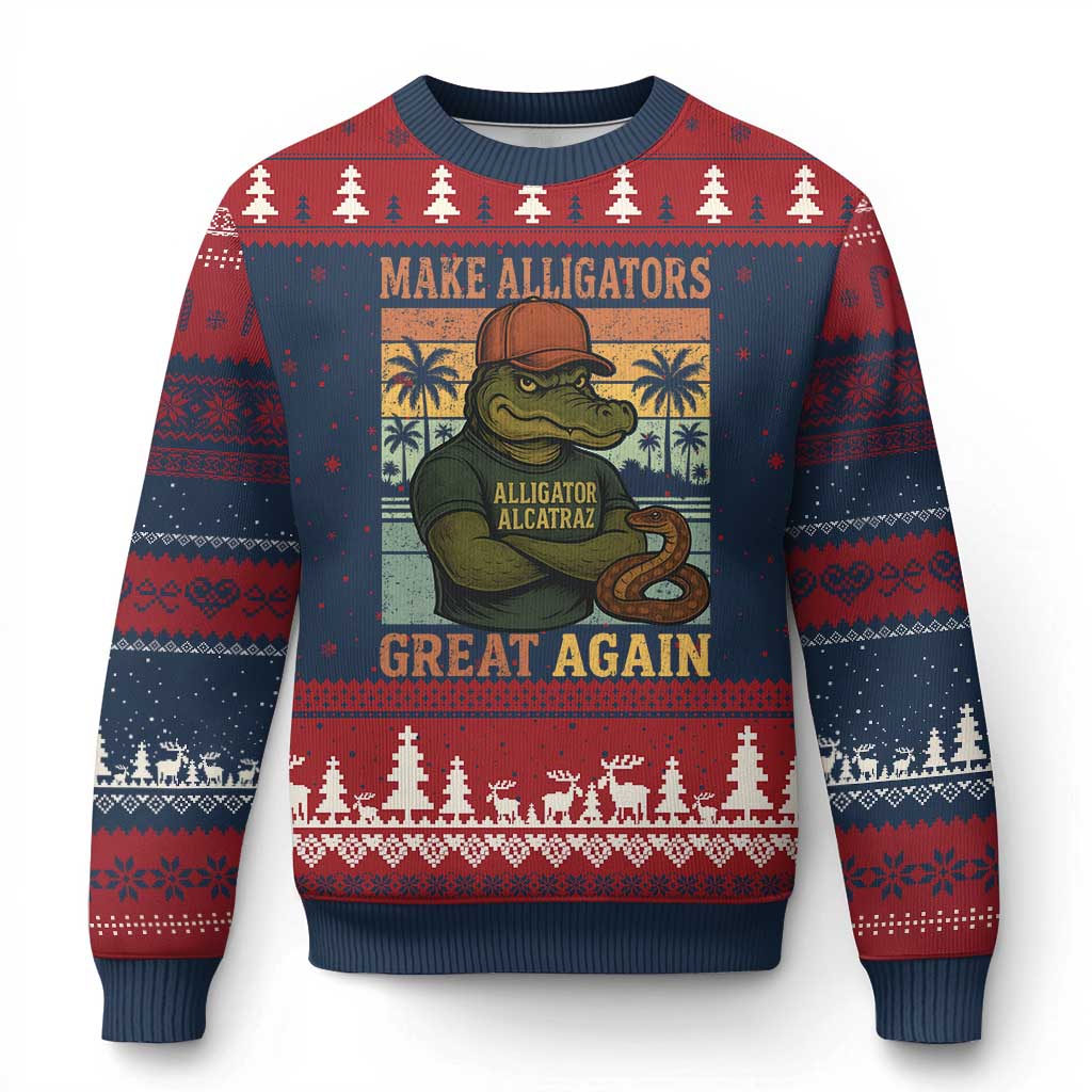 Retro Alligator Alcatraz Ugly Christmas Sweater Funny Florida Everglades Dark Humor
