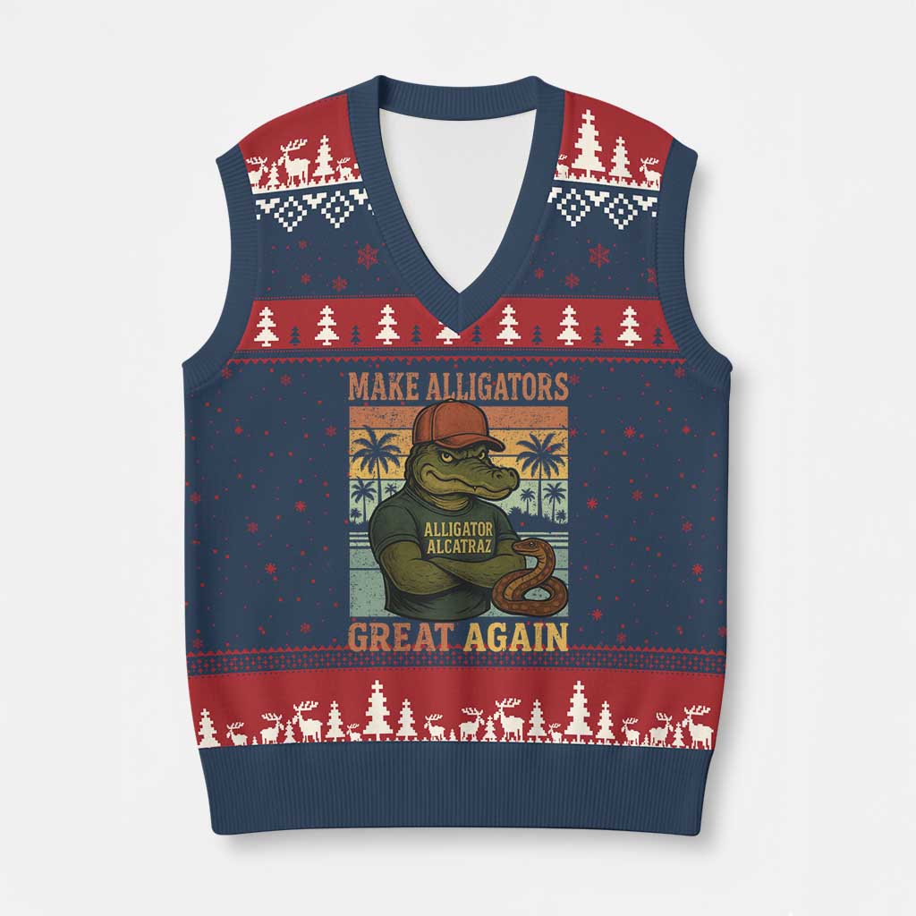 Retro Alligator Alcatraz V-Neck Knit Sweater Vest Funny Florida Everglades Dark Humor
