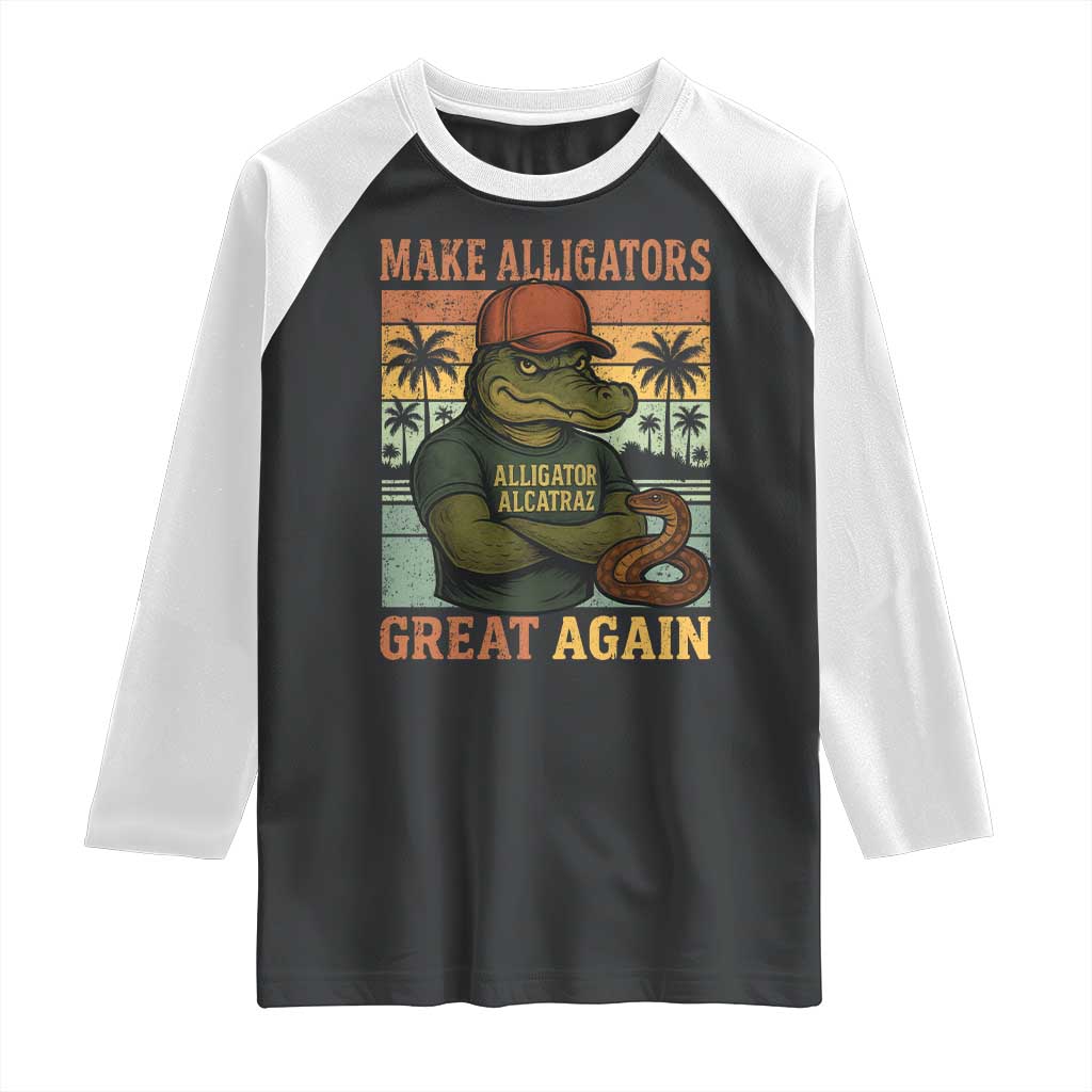 Retro Alligator Alcatraz Raglan Shirt Funny Florida Everglades Dark Humor