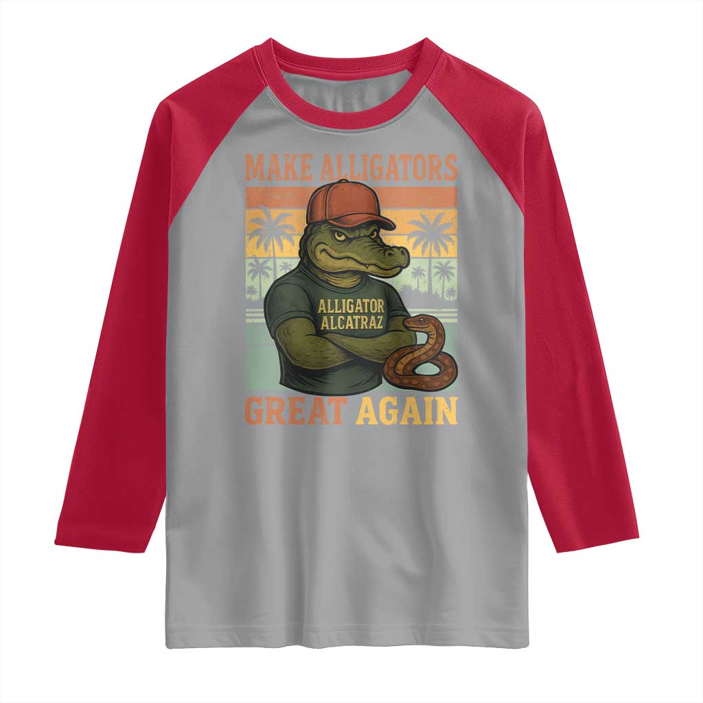 Retro Alligator Alcatraz Raglan Shirt Funny Florida Everglades Dark Humor