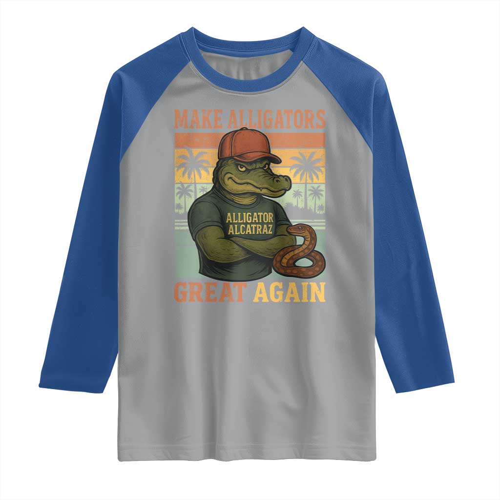 Retro Alligator Alcatraz Raglan Shirt Funny Florida Everglades Dark Humor