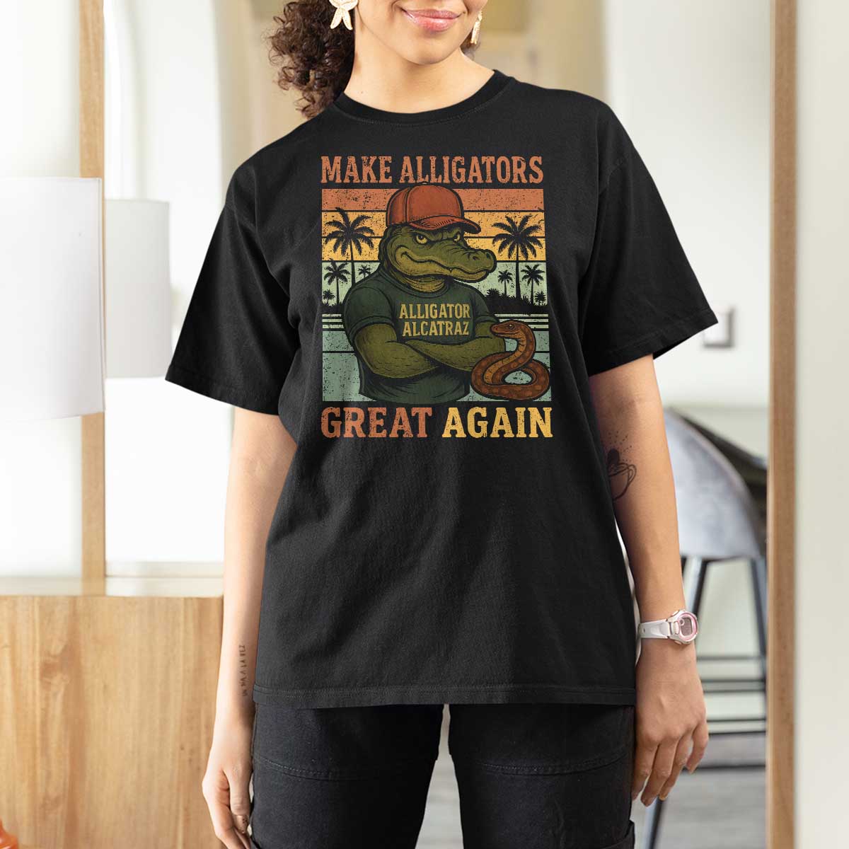 Retro Alligator Alcatraz T Shirt For Women Funny Florida Everglades Dark Humor
