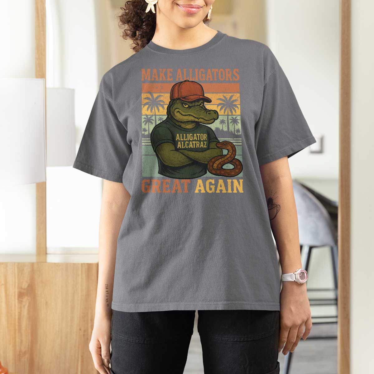 Retro Alligator Alcatraz T Shirt For Women Funny Florida Everglades Dark Humor