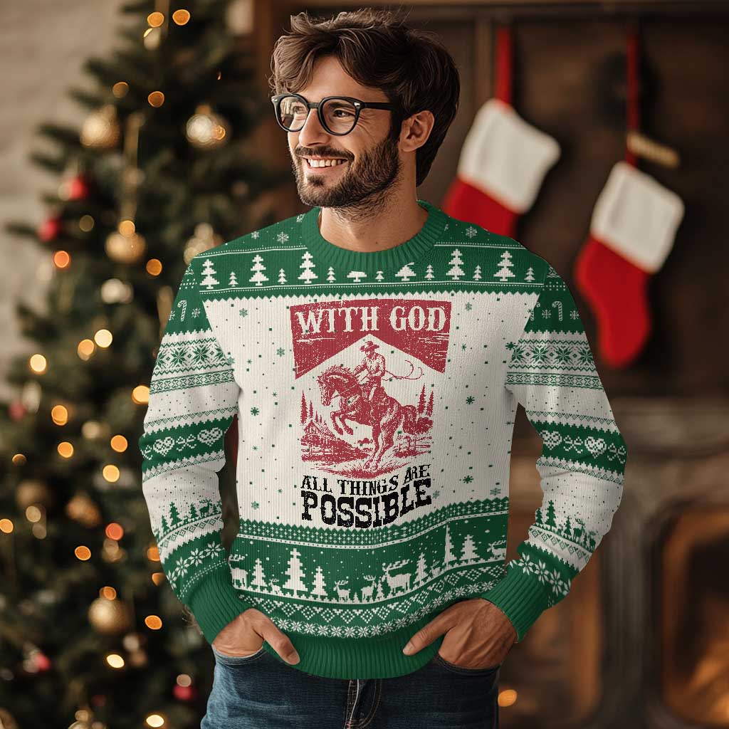 Christian Cowboy Ugly Christmas Sweater Vintage Christian All Things Are Possible Encouraging Bible Verse