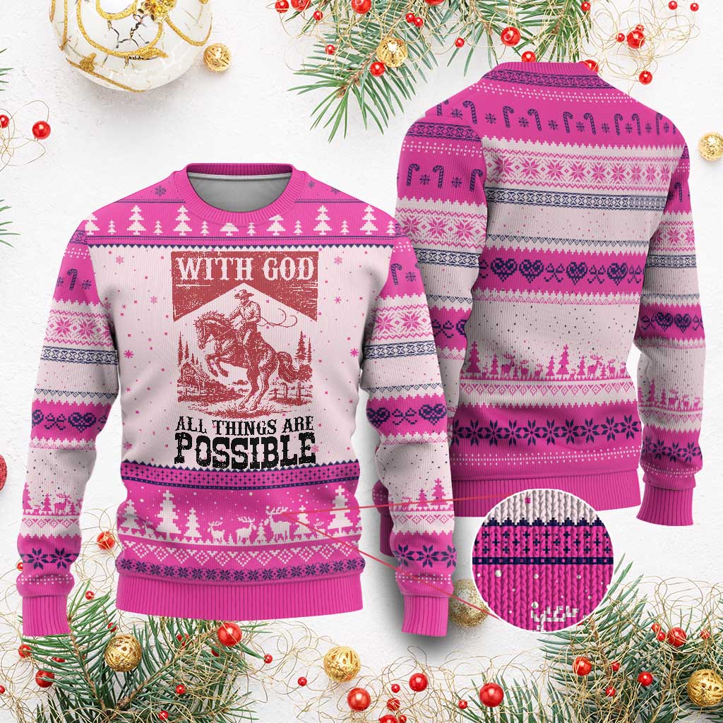 Christian Cowboy Ugly Christmas Sweater Vintage Christian All Things Are Possible Encouraging Bible Verse