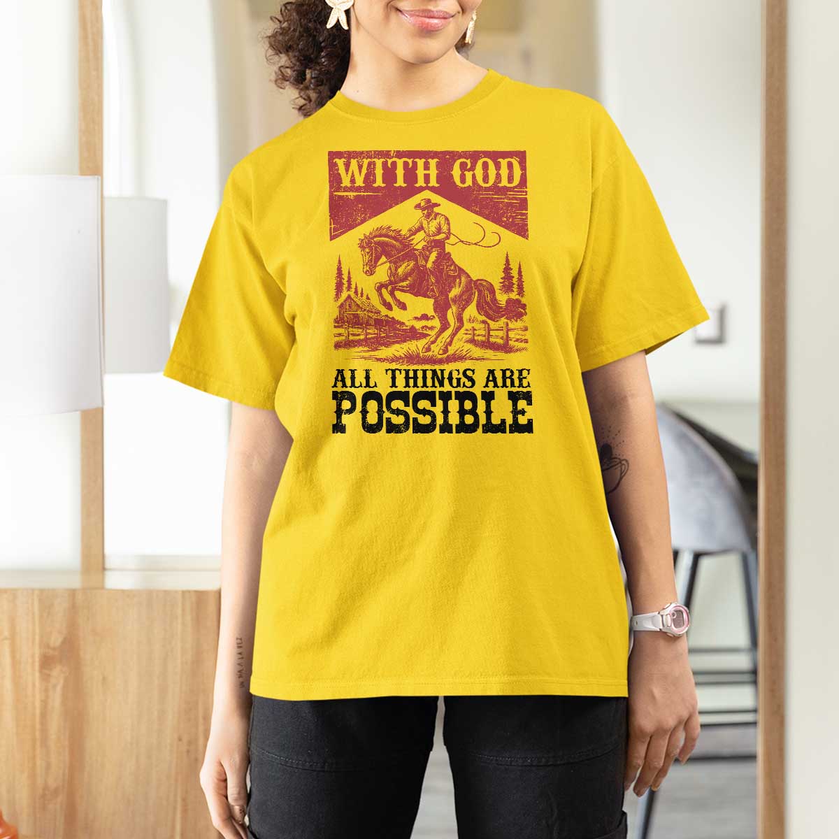 Christian Cowboy T Shirt For Women Vintage Christian All Things Are Possible Encouraging Bible Verse