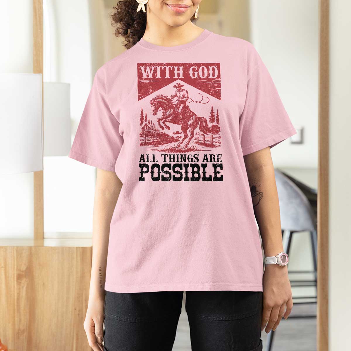 Christian Cowboy T Shirt For Women Vintage Christian All Things Are Possible Encouraging Bible Verse