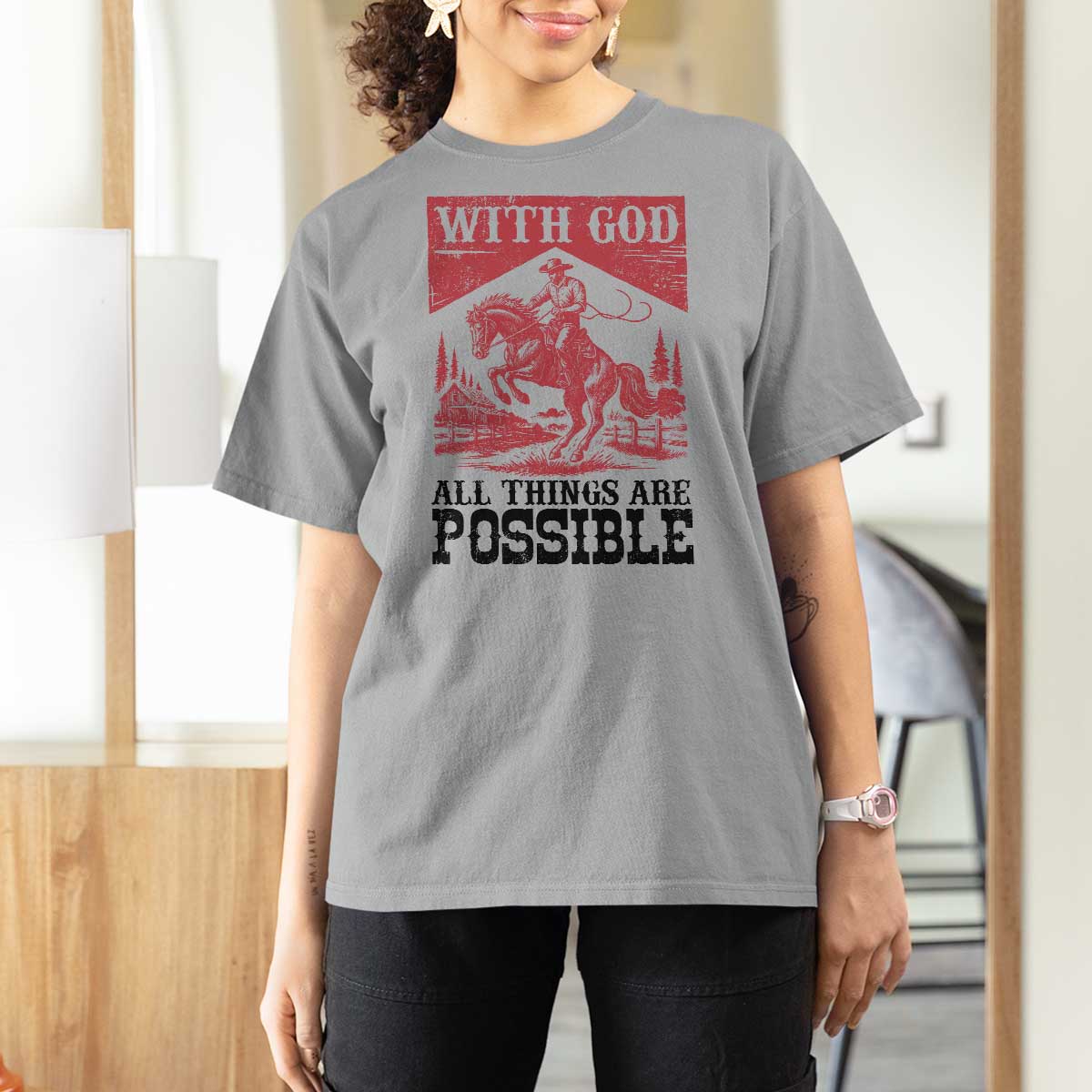 Christian Cowboy T Shirt For Women Vintage Christian All Things Are Possible Encouraging Bible Verse