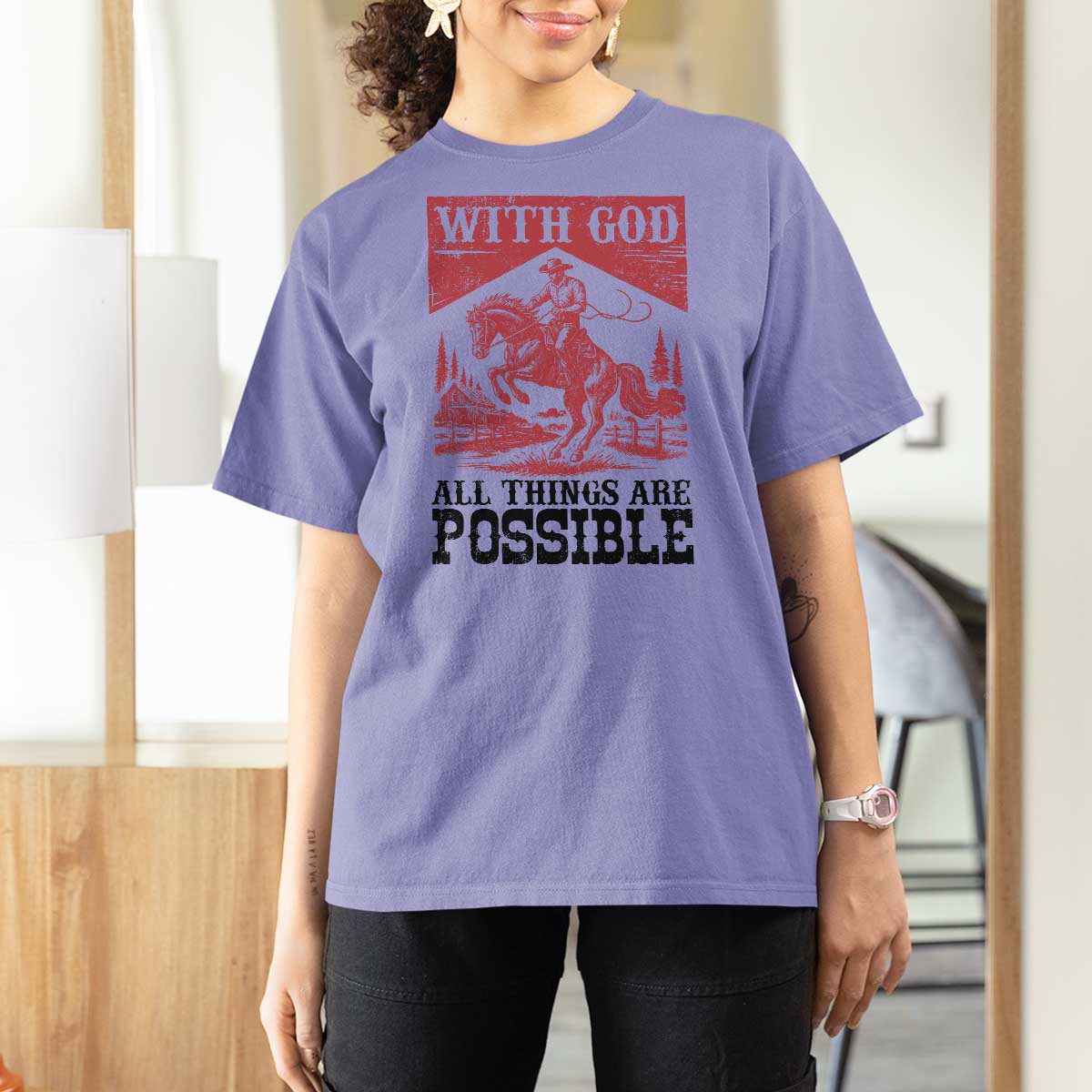 Christian Cowboy T Shirt For Women Vintage Christian All Things Are Possible Encouraging Bible Verse