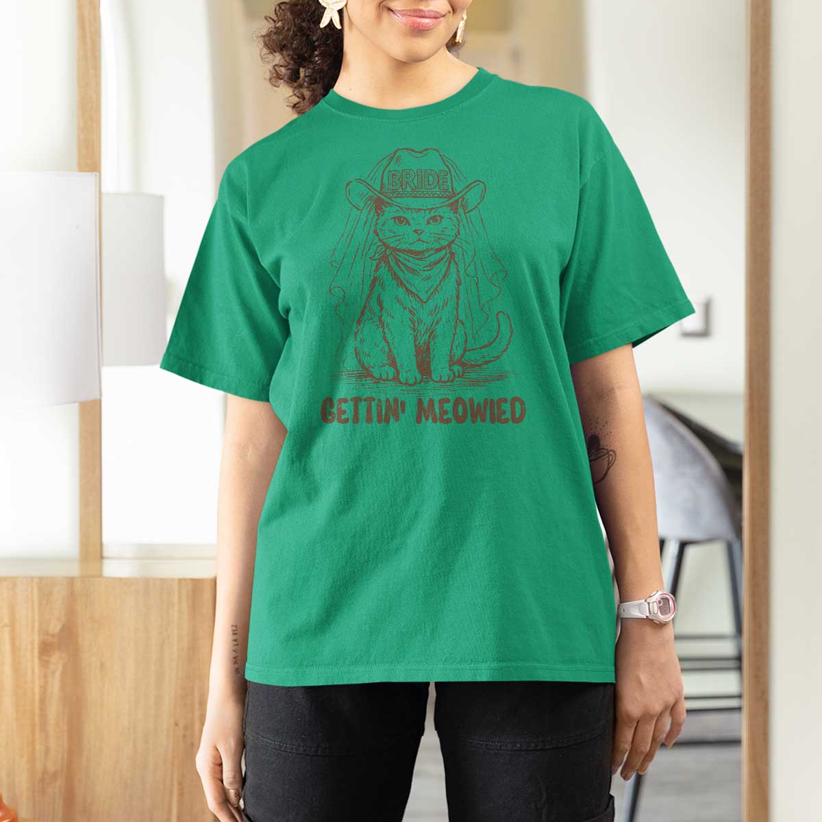 Cowgirl Bride Cat T Shirt For Women Vintage Cow Cat Rodeo Bachelorette