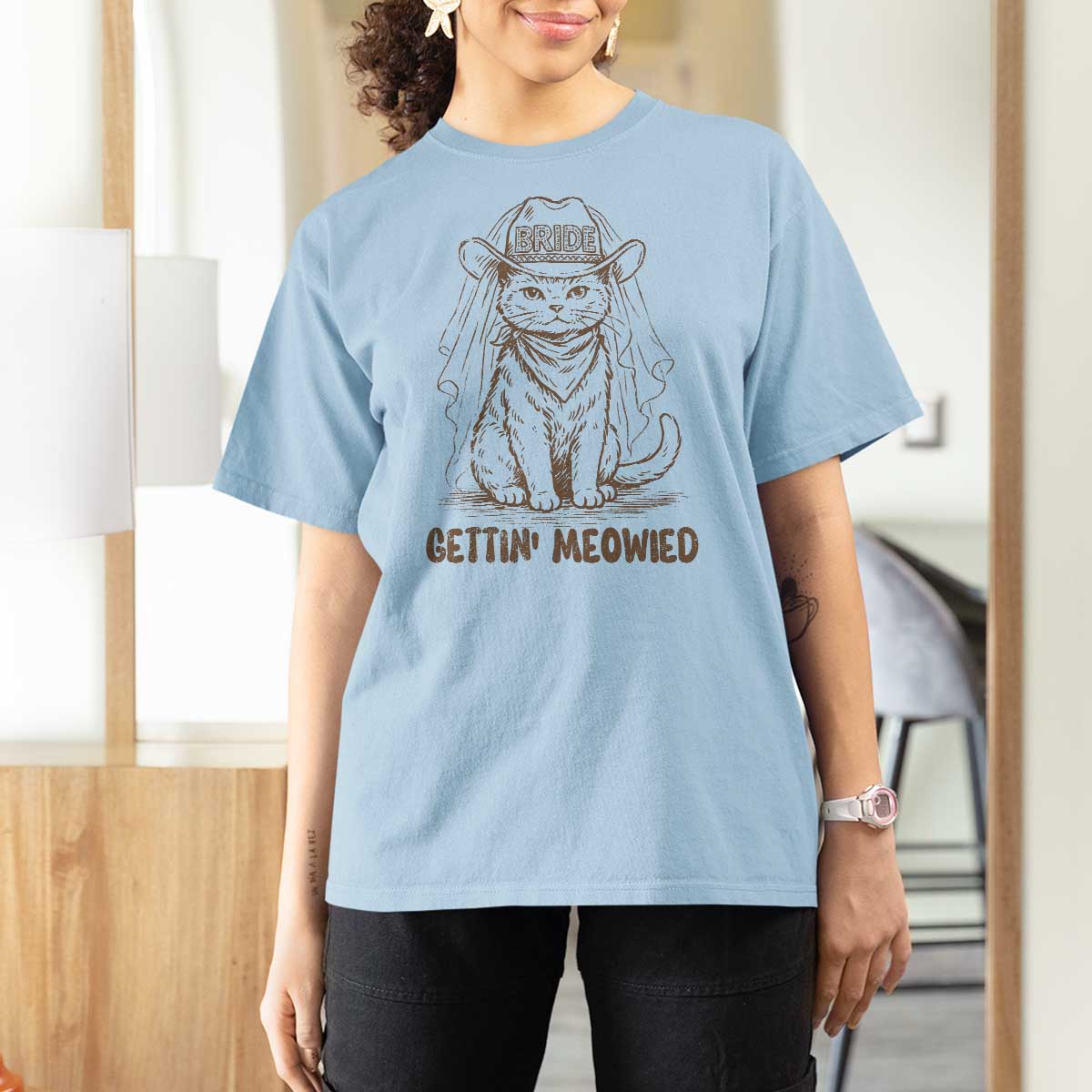 Cowgirl Bride Cat T Shirt For Women Vintage Cow Cat Rodeo Bachelorette