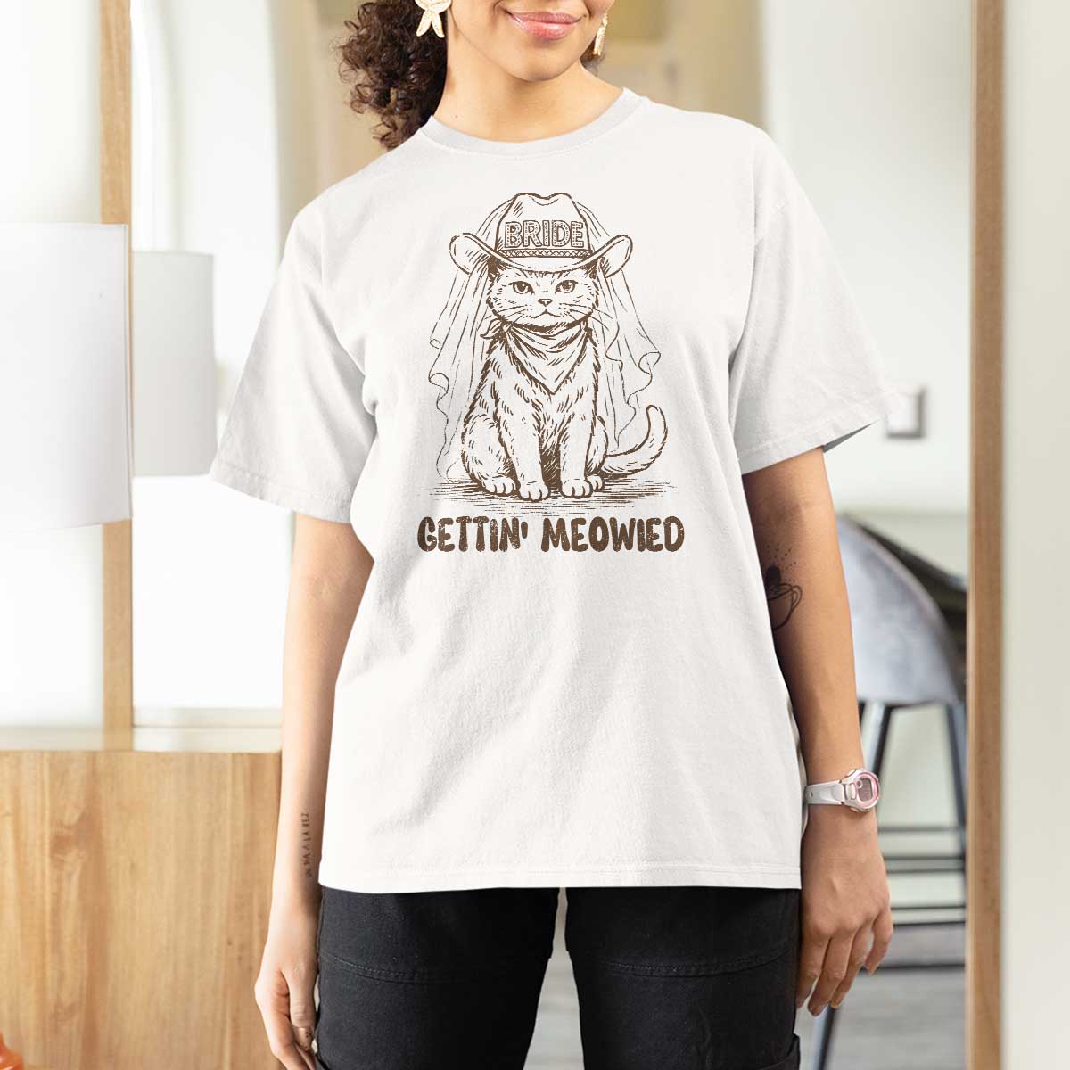 Cowgirl Bride Cat T Shirt For Women Vintage Cow Cat Rodeo Bachelorette