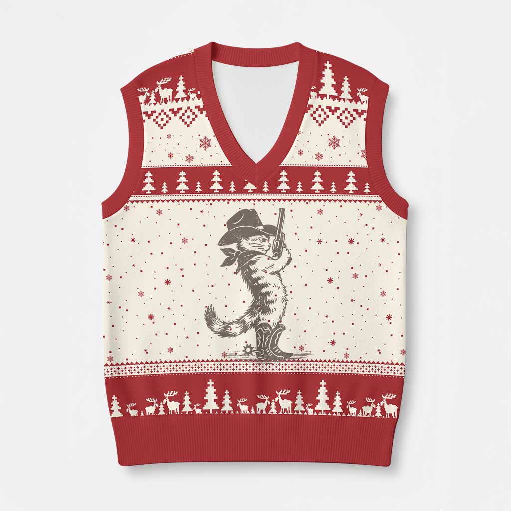 Vintage Cowboy Cat V-Neck Knit Sweater Vest Retro 90s Western Country Rodeo Kitten Cowgirl - Wonder Print Shop