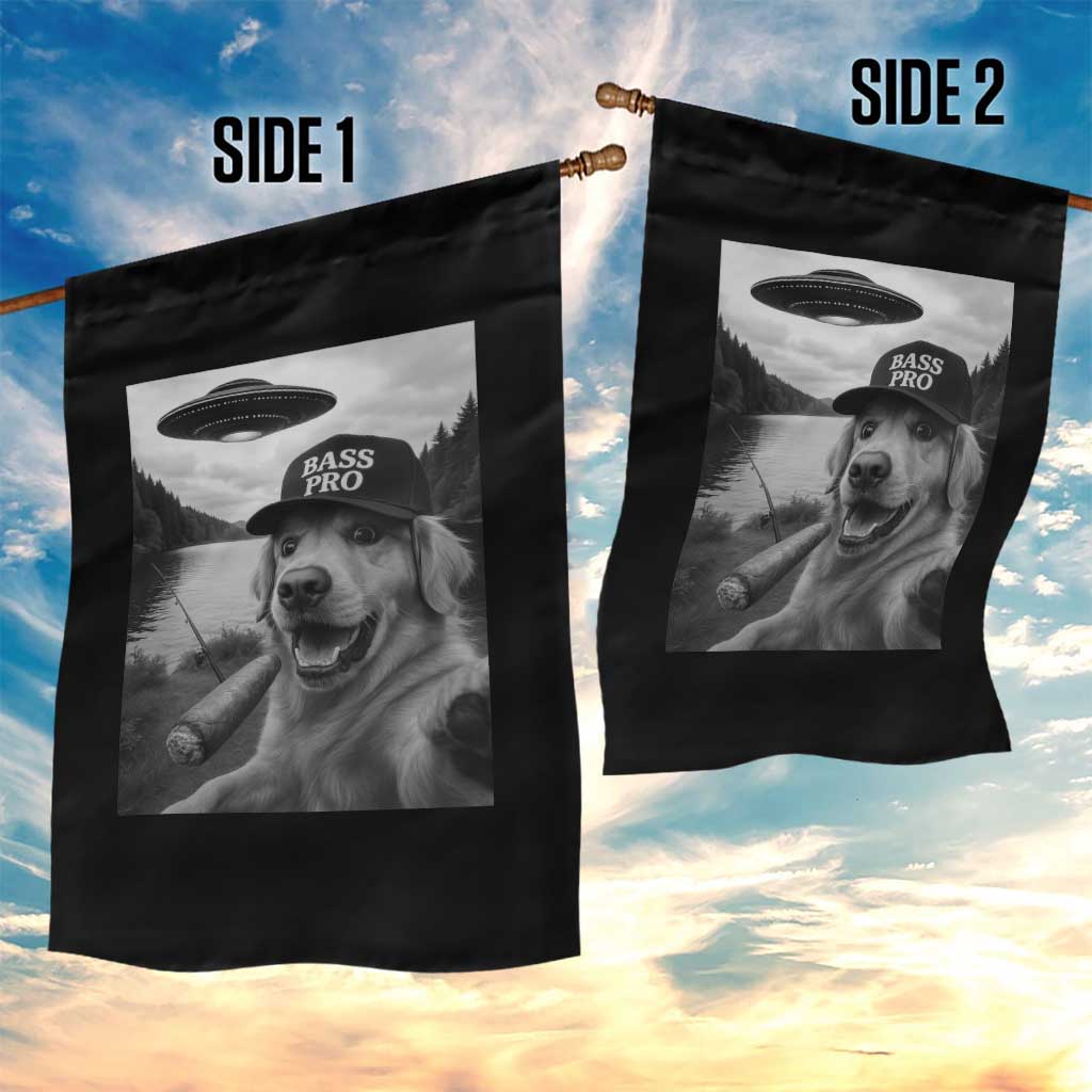 Dog Selfie With Alien UFO Garden Flag Funny Fishing Golden Retriever Smoking Dog Lover - Wonder Print Shop