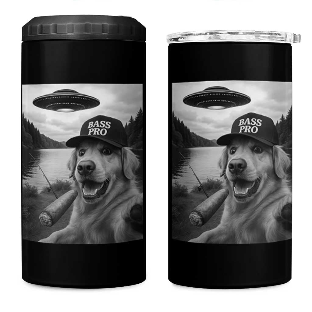 Dog Selfie With Alien UFO 4 in 1 Can Cooler Tumbler Funny Fishing Golden Retriever Smoking Dog Lover - Wonder Print Shop