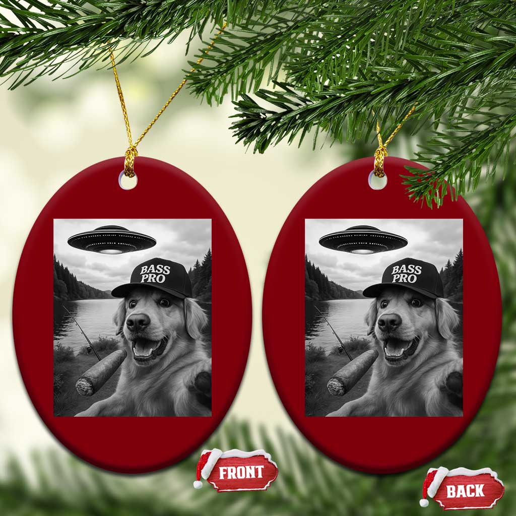 Dog Selfie With Alien UFO Ceramic Ornament Funny Fishing Golden Retriever Smoking Dog Lover - Wonder Print Shop