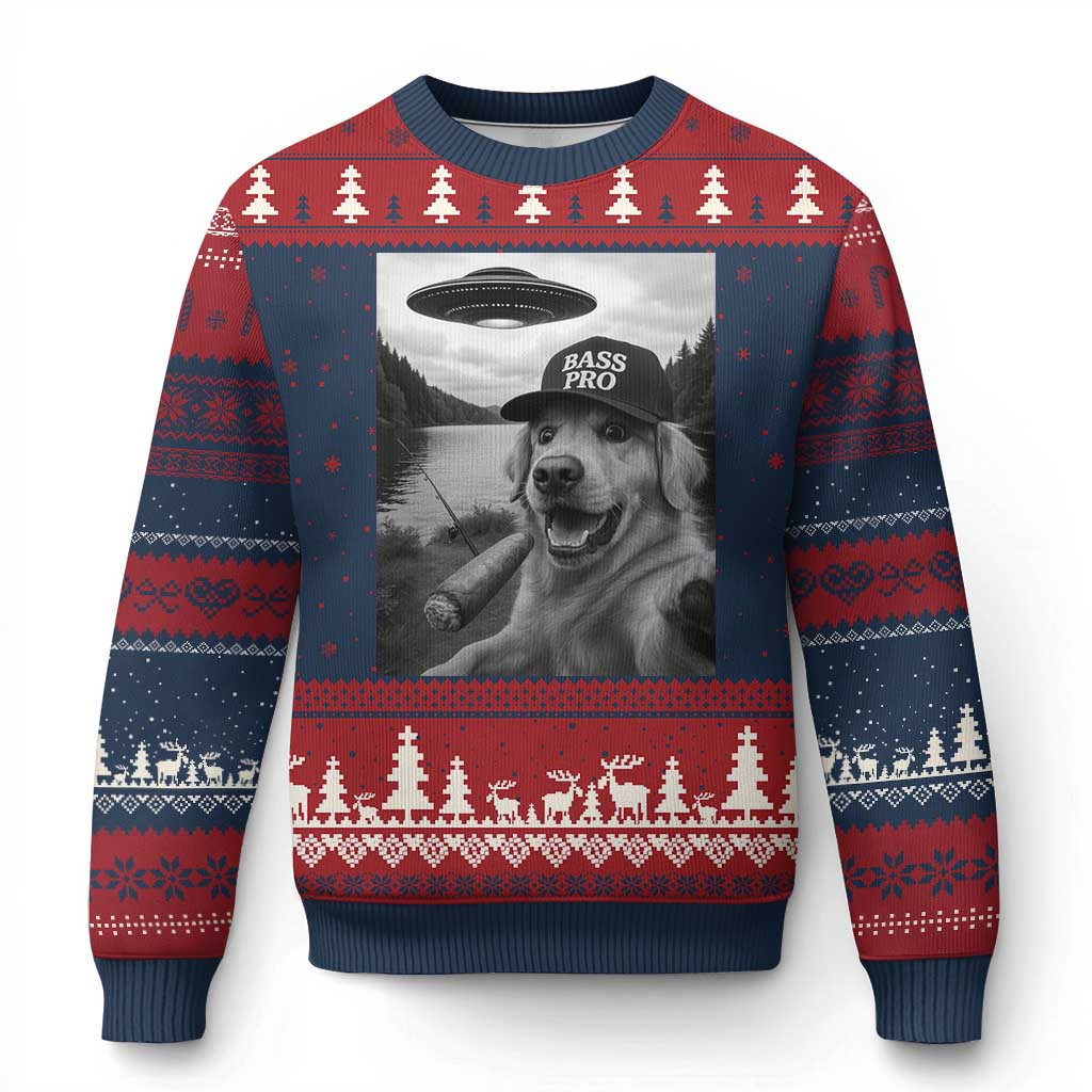 Dog Selfie With Alien UFO Ugly Christmas Sweater Funny Fishing Golden Retriever Smoking Dog Lover - Wonder Print Shop
