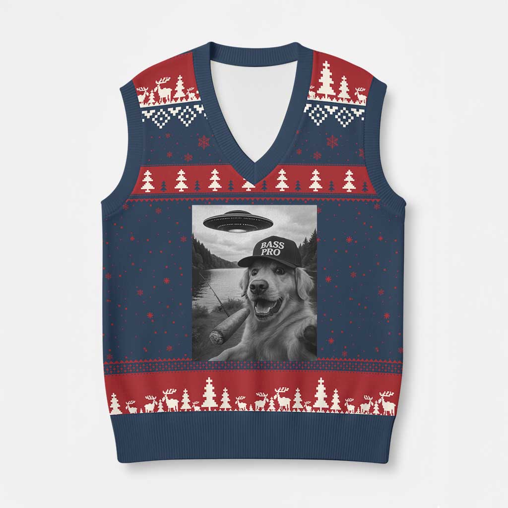 Dog Selfie With Alien UFO V-Neck Knit Sweater Vest Funny Fishing Golden Retriever Smoking Dog Lover - Wonder Print Shop