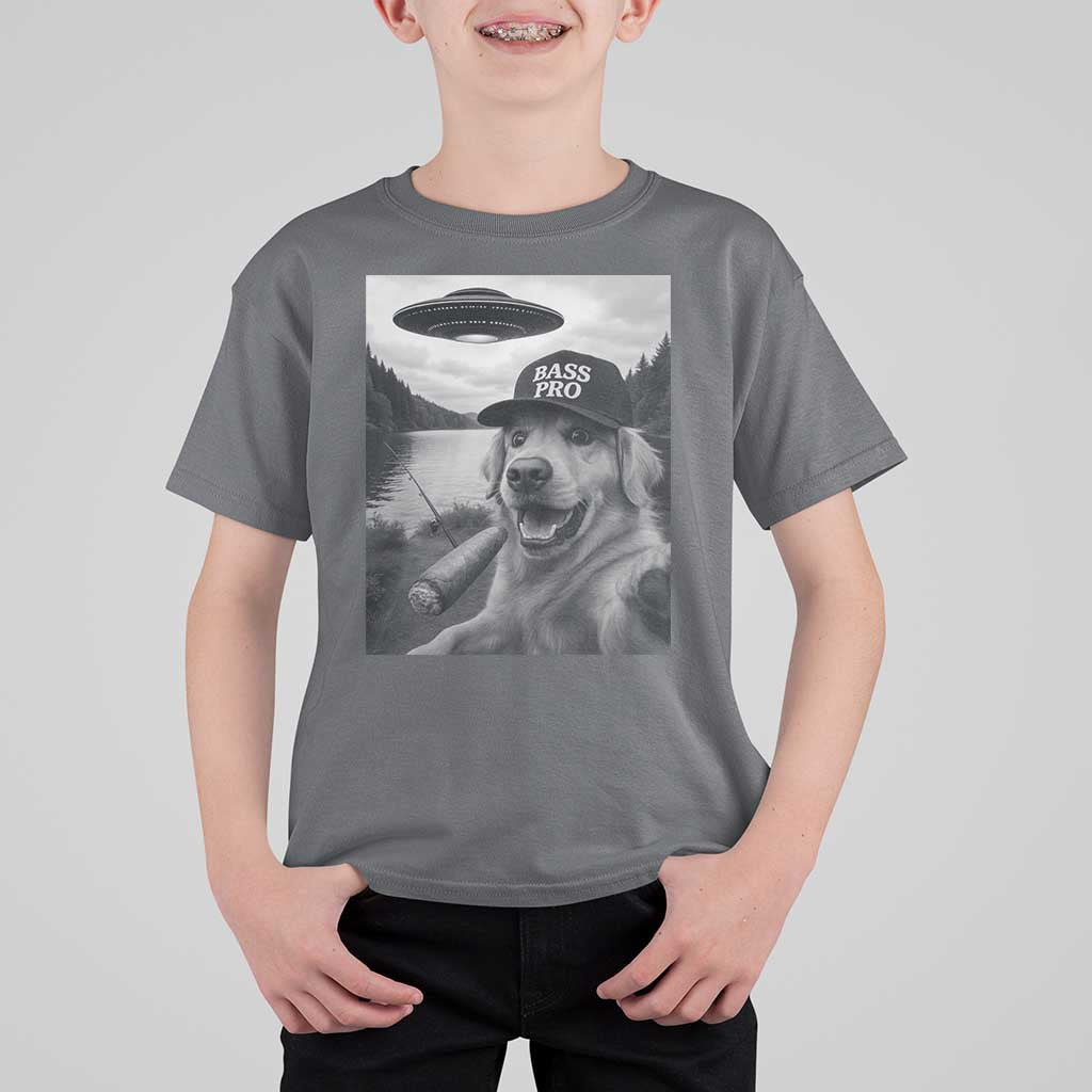 Dog Selfie With Alien UFO T Shirt For Kid Funny Fishing Golden Retriever Smoking Dog Lover - Wonder Print Shop