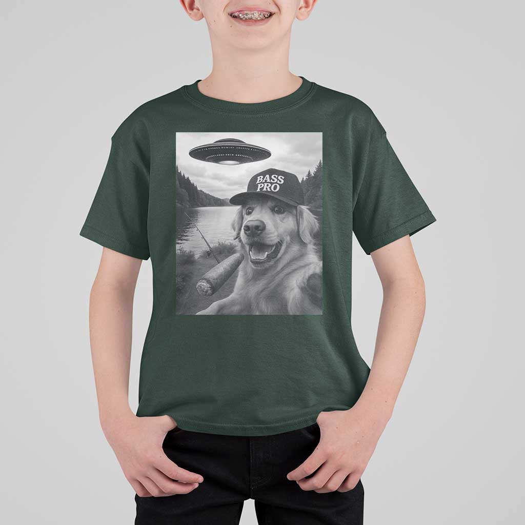 Dog Selfie With Alien UFO T Shirt For Kid Funny Fishing Golden Retriever Smoking Dog Lover - Wonder Print Shop