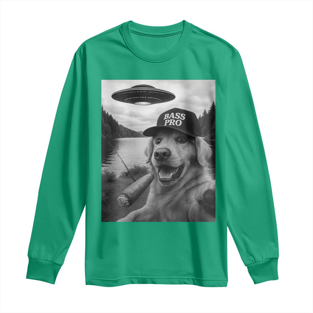 Dog Selfie With Alien UFO Long Sleeve Shirt Funny Fishing Golden Retriever Smoking Dog Lover - Wonder Print Shop