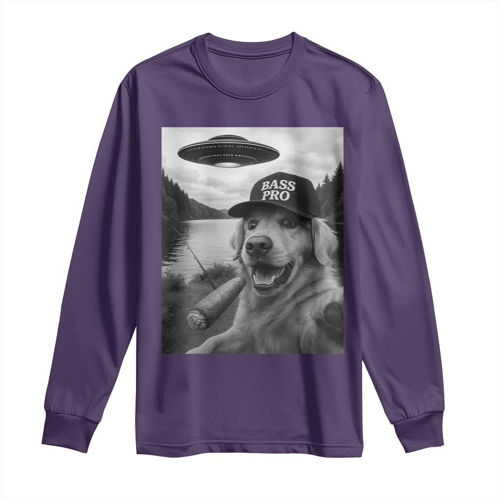 Dog Selfie With Alien UFO Long Sleeve Shirt Funny Fishing Golden Retriever Smoking Dog Lover - Wonder Print Shop
