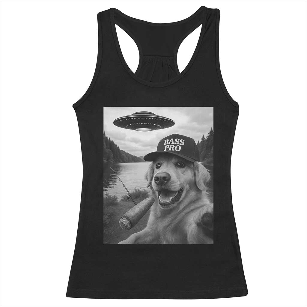 Dog Selfie With Alien UFO Racerback Tank Top Funny Fishing Golden Retriever Smoking Dog Lover - Wonder Print Shop