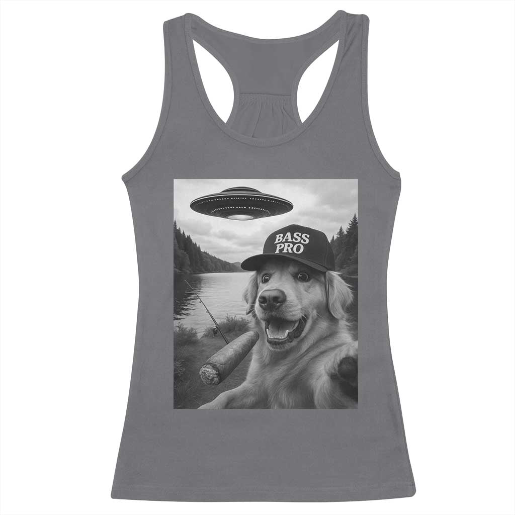 Dog Selfie With Alien UFO Racerback Tank Top Funny Fishing Golden Retriever Smoking Dog Lover - Wonder Print Shop