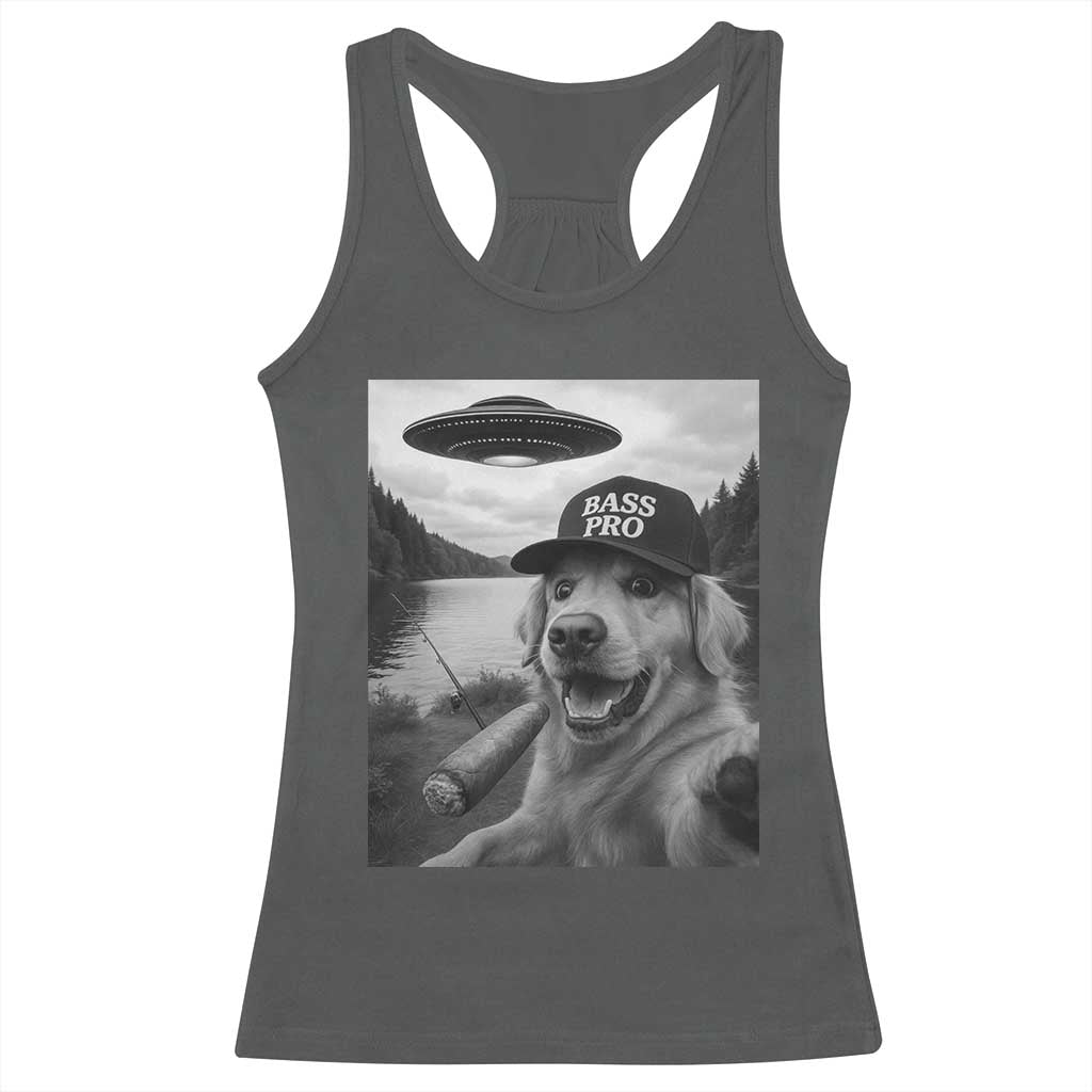 Dog Selfie With Alien UFO Racerback Tank Top Funny Fishing Golden Retriever Smoking Dog Lover - Wonder Print Shop