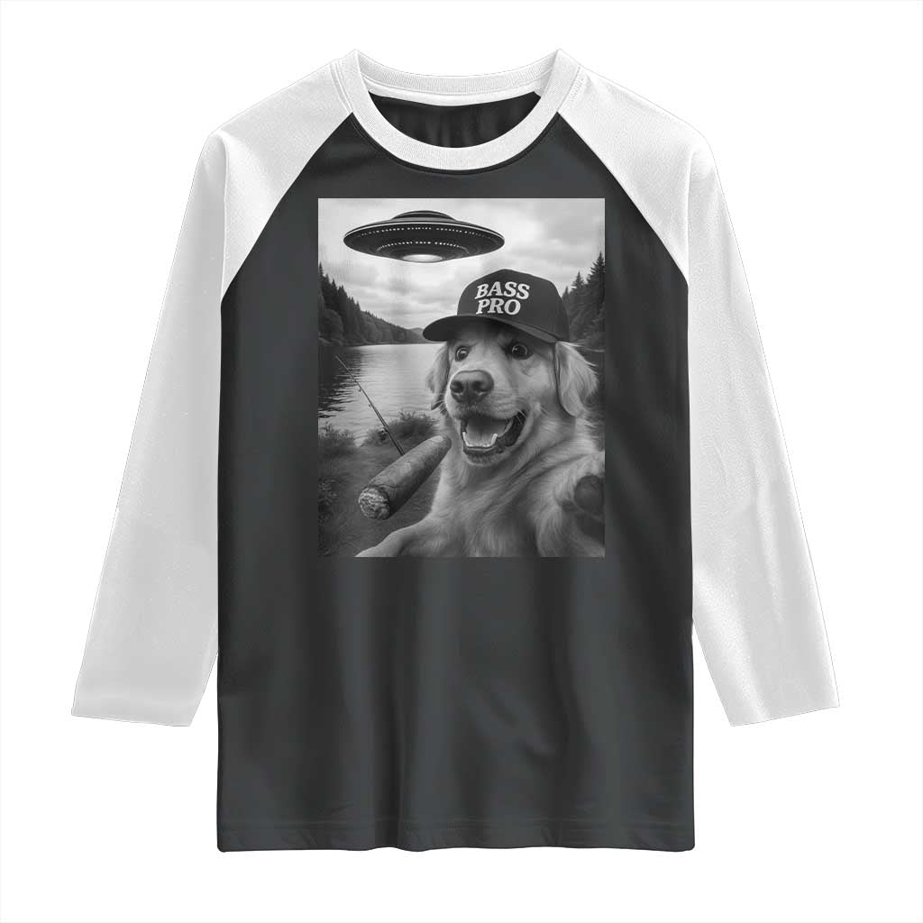 Dog Selfie With Alien UFO Raglan Shirt Funny Fishing Golden Retriever Smoking Dog Lover - Wonder Print Shop