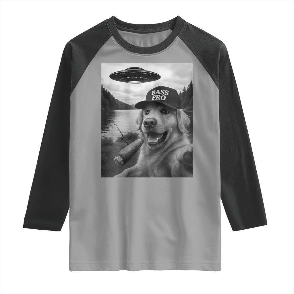 Dog Selfie With Alien UFO Raglan Shirt Funny Fishing Golden Retriever Smoking Dog Lover - Wonder Print Shop
