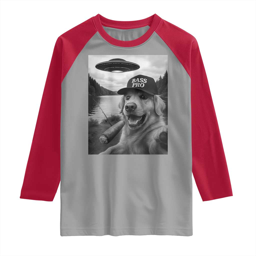 Dog Selfie With Alien UFO Raglan Shirt Funny Fishing Golden Retriever Smoking Dog Lover - Wonder Print Shop