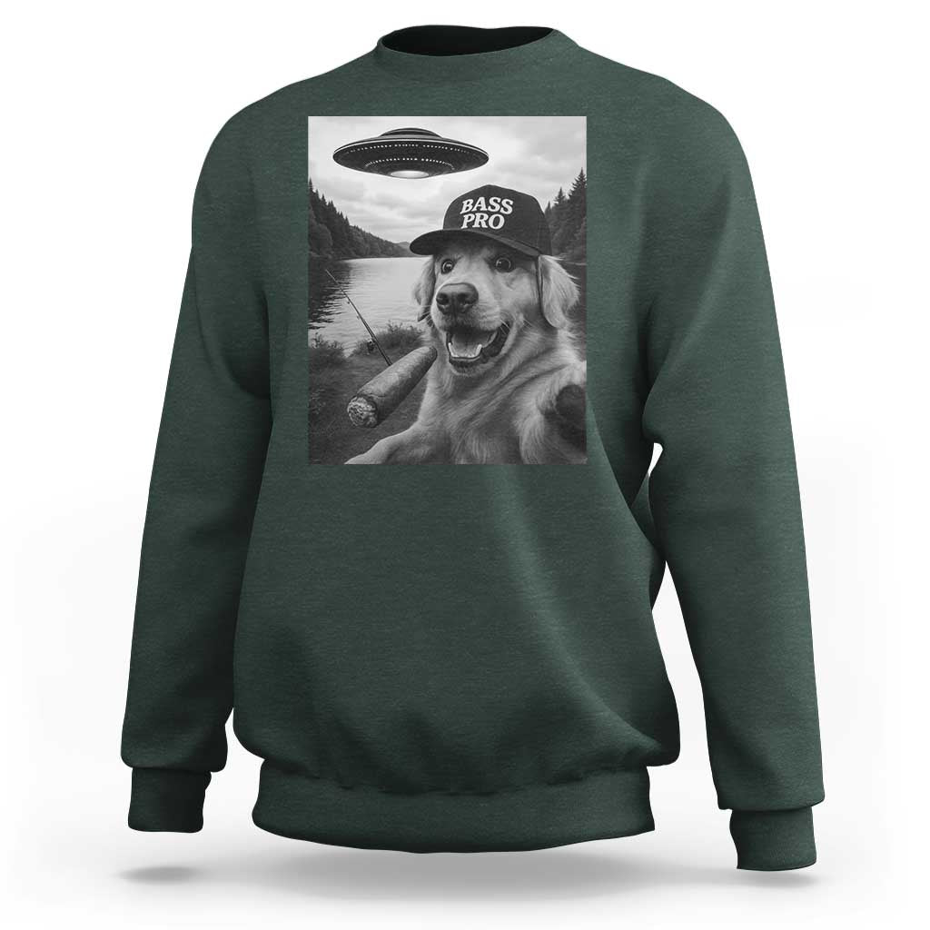 Dog Selfie With Alien UFO Sweatshirt Funny Fishing Golden Retriever Smoking Dog Lover - Wonder Print Shop