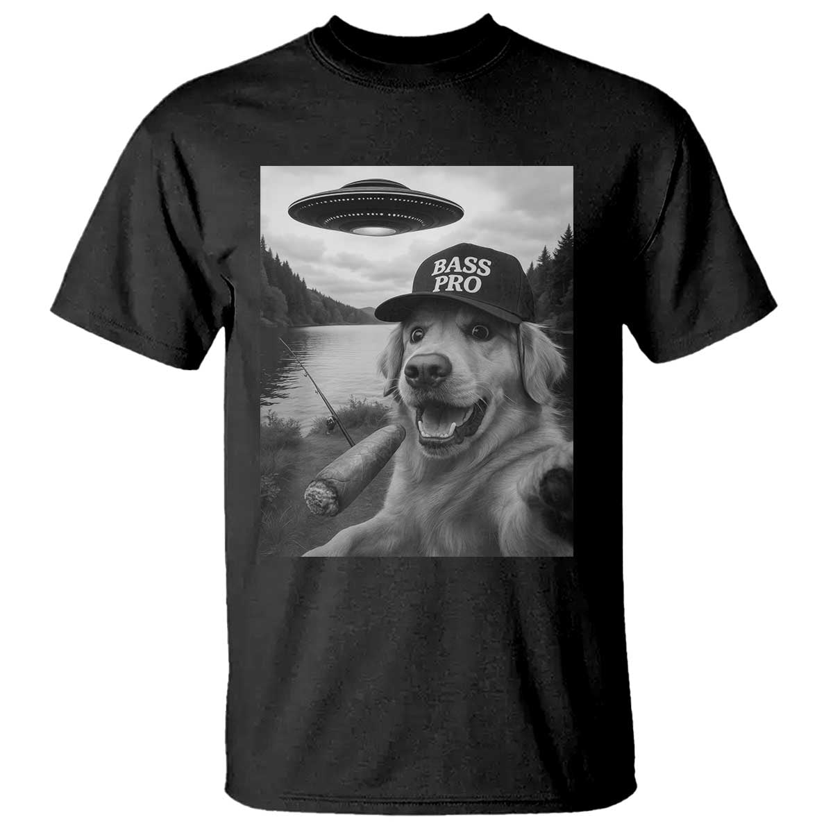 Dog Selfie With Alien UFO T Shirt Funny Fishing Golden Retriever Smoking Dog Lover - Wonder Print Shop
