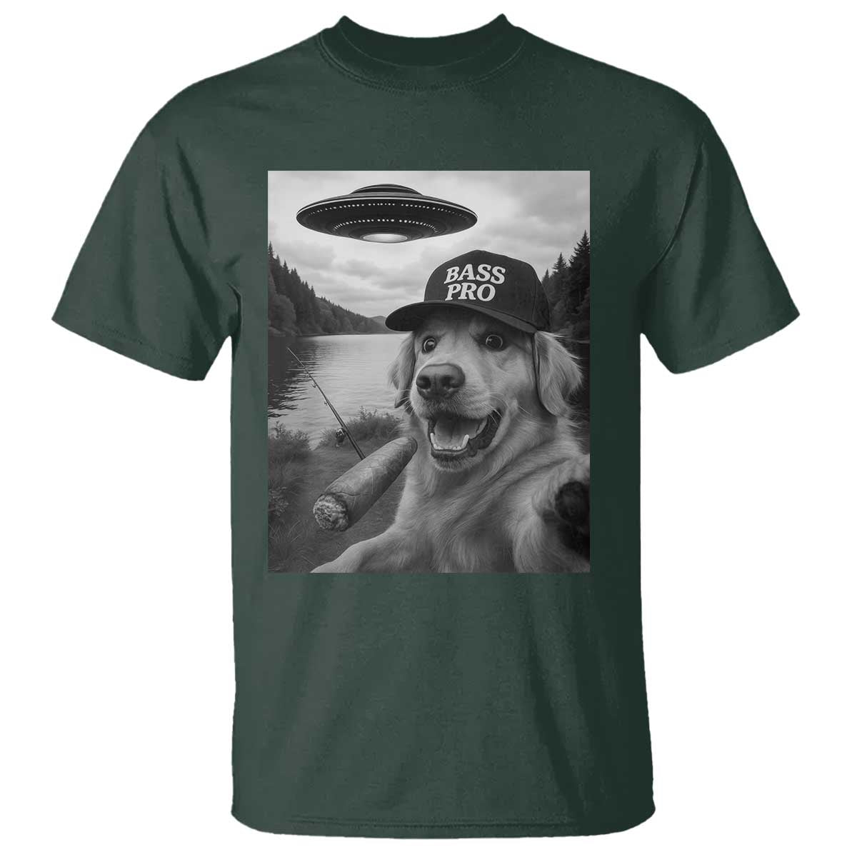 Dog Selfie With Alien UFO T Shirt Funny Fishing Golden Retriever Smoking Dog Lover - Wonder Print Shop
