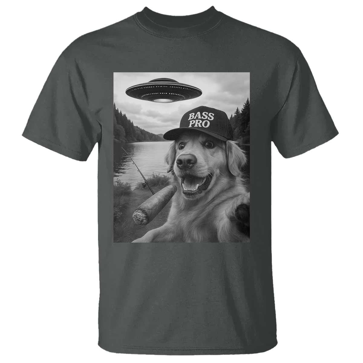 Dog Selfie With Alien UFO T Shirt Funny Fishing Golden Retriever Smoking Dog Lover - Wonder Print Shop