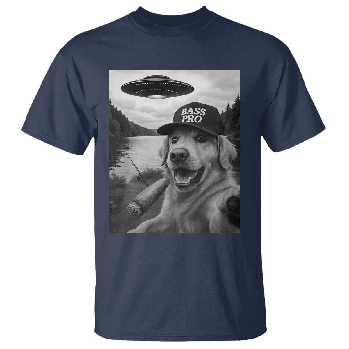Dog Selfie With Alien UFO T Shirt Funny Fishing Golden Retriever Smoking Dog Lover - Wonder Print Shop