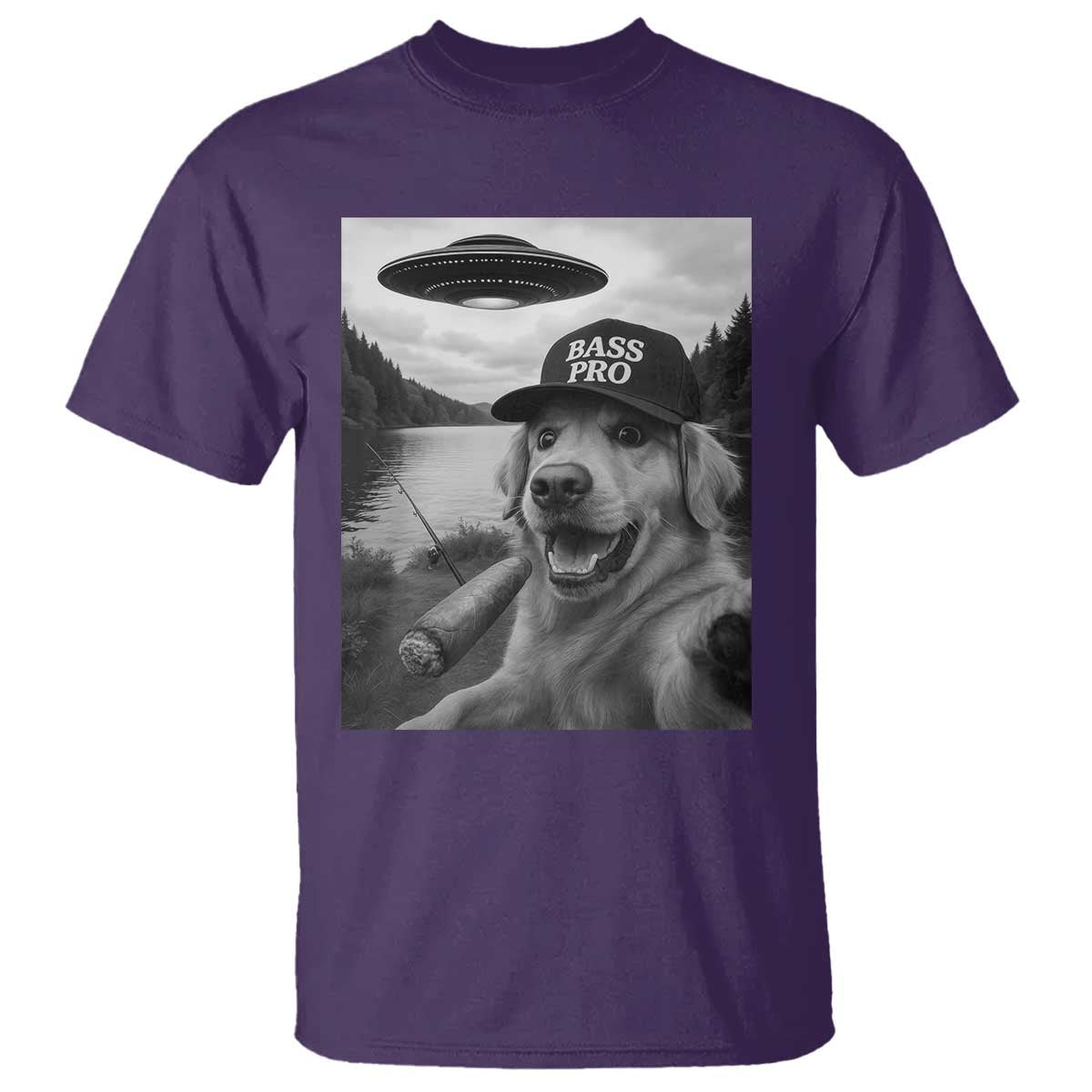 Dog Selfie With Alien UFO T Shirt Funny Fishing Golden Retriever Smoking Dog Lover - Wonder Print Shop