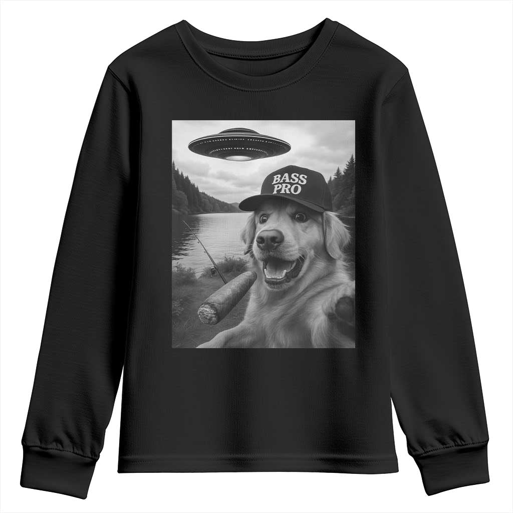 Dog Selfie With Alien UFO Youth Sweatshirt Funny Fishing Golden Retriever Smoking Dog Lover - Wonder Print Shop