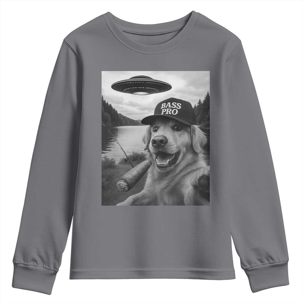 Dog Selfie With Alien UFO Youth Sweatshirt Funny Fishing Golden Retriever Smoking Dog Lover - Wonder Print Shop